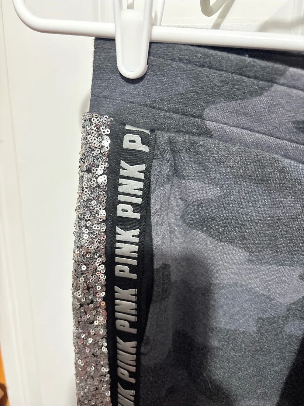 Rare Victoria’s Secret PINK Gray Camo Zip Hoodie & Joggers with Sequin Stripe